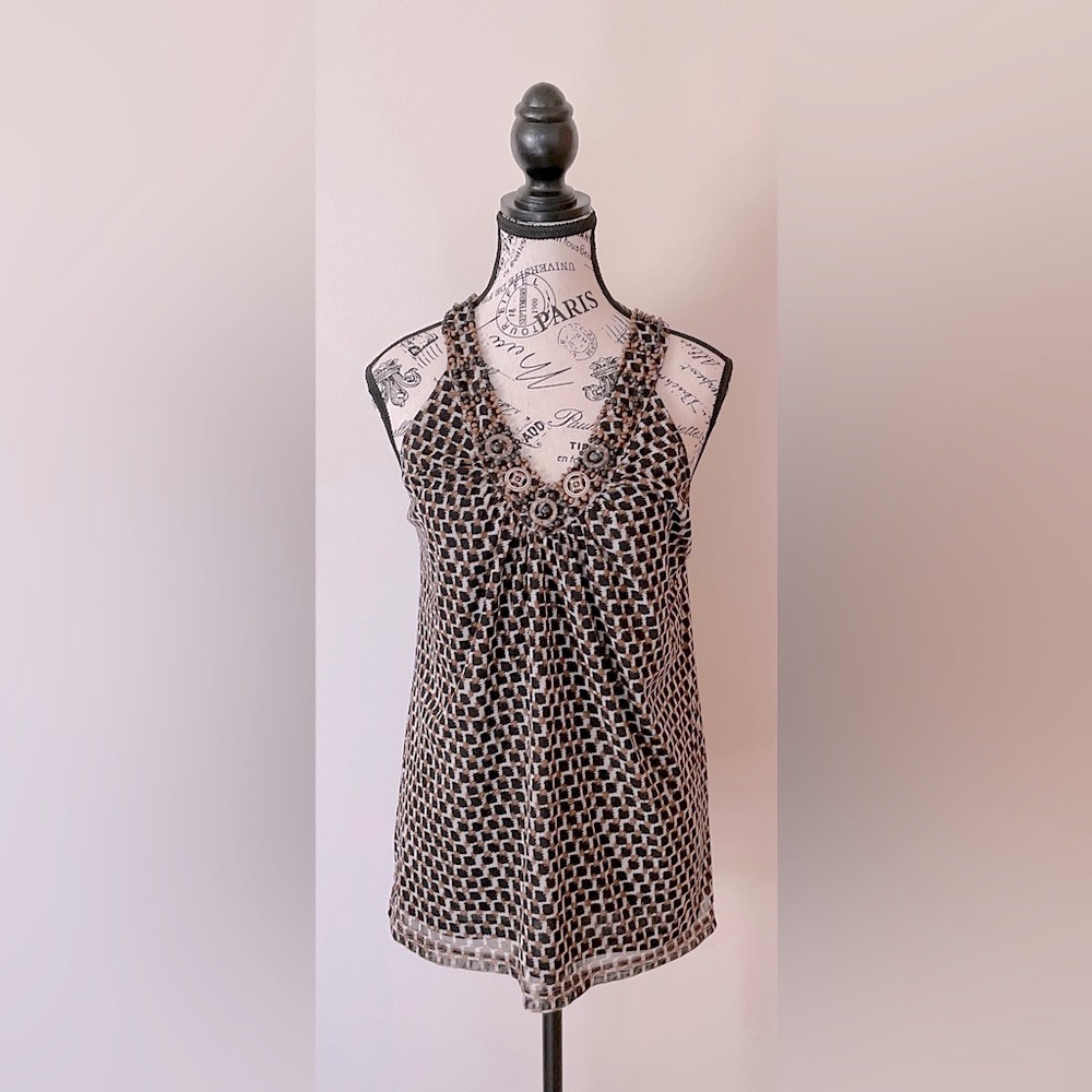 RAFAELLA Brown Black White V Neck Sleeveless Embellished Top Size Medium